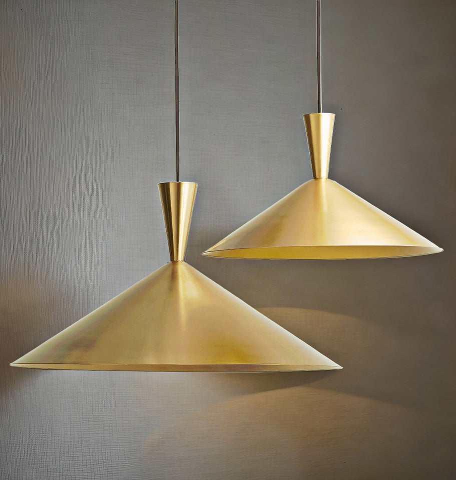 Set of 2 Polished Brass Cone Pendant Light, Hanging Ceiling Lamp.