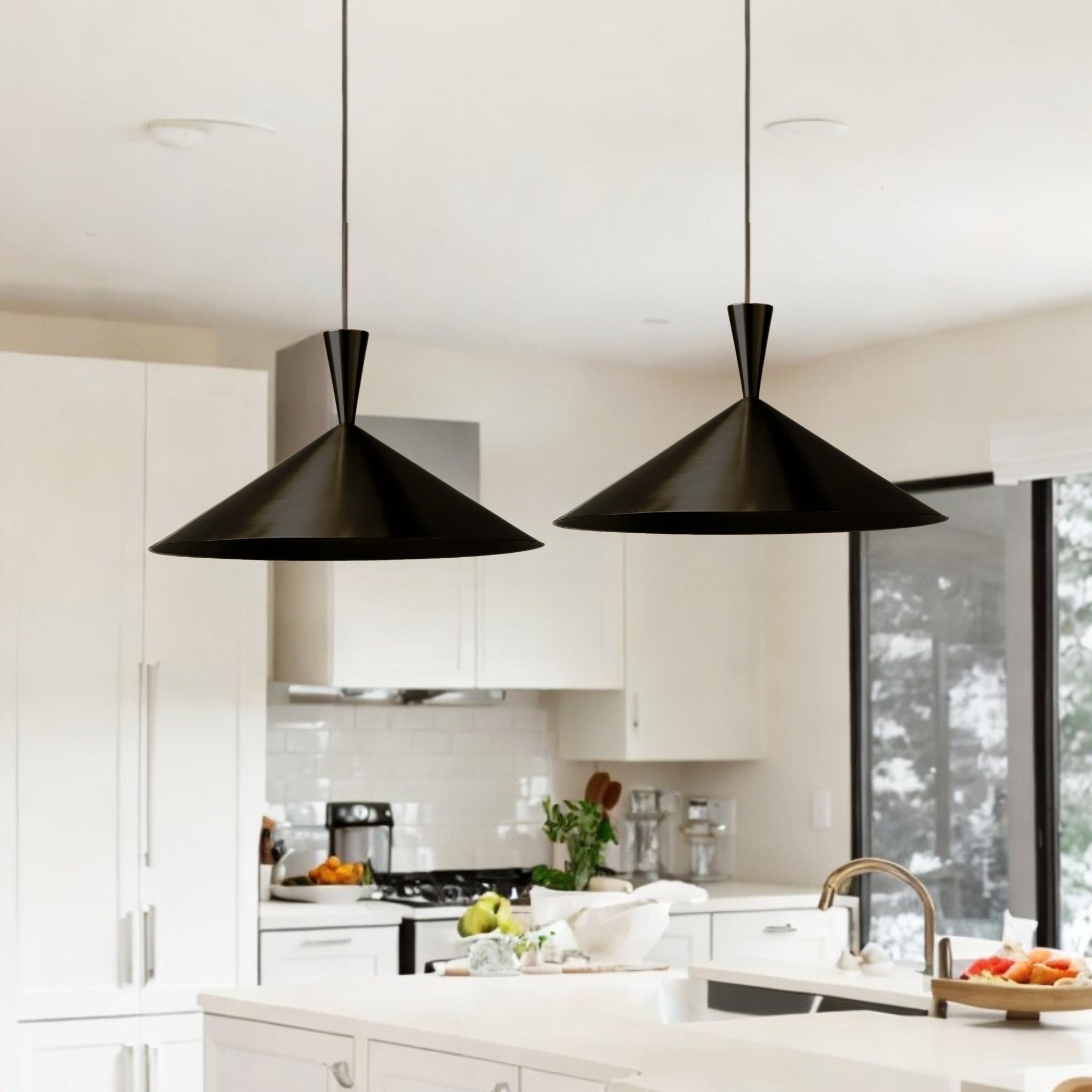 Set of 2 Black Polished Brass Cone Pendant Light, Hanging Ceiling Lamp 
