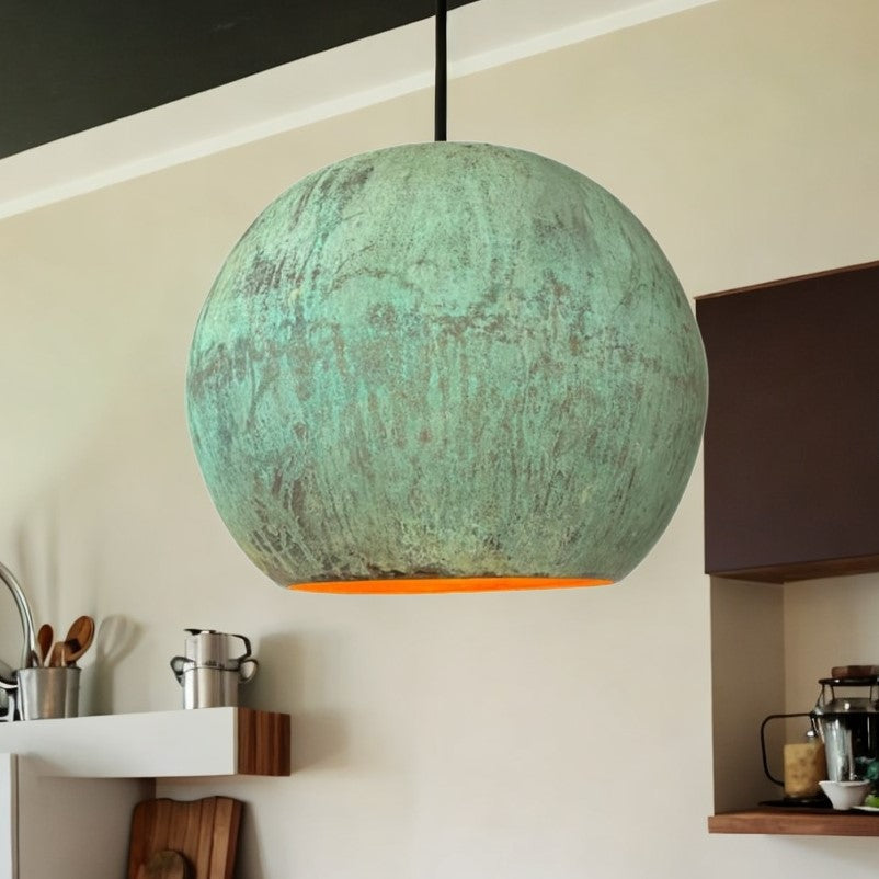 Set of 2 Green Patina Copper Globe Pendant Light,  Oxidized Farmhouse Kitchen Lighting,