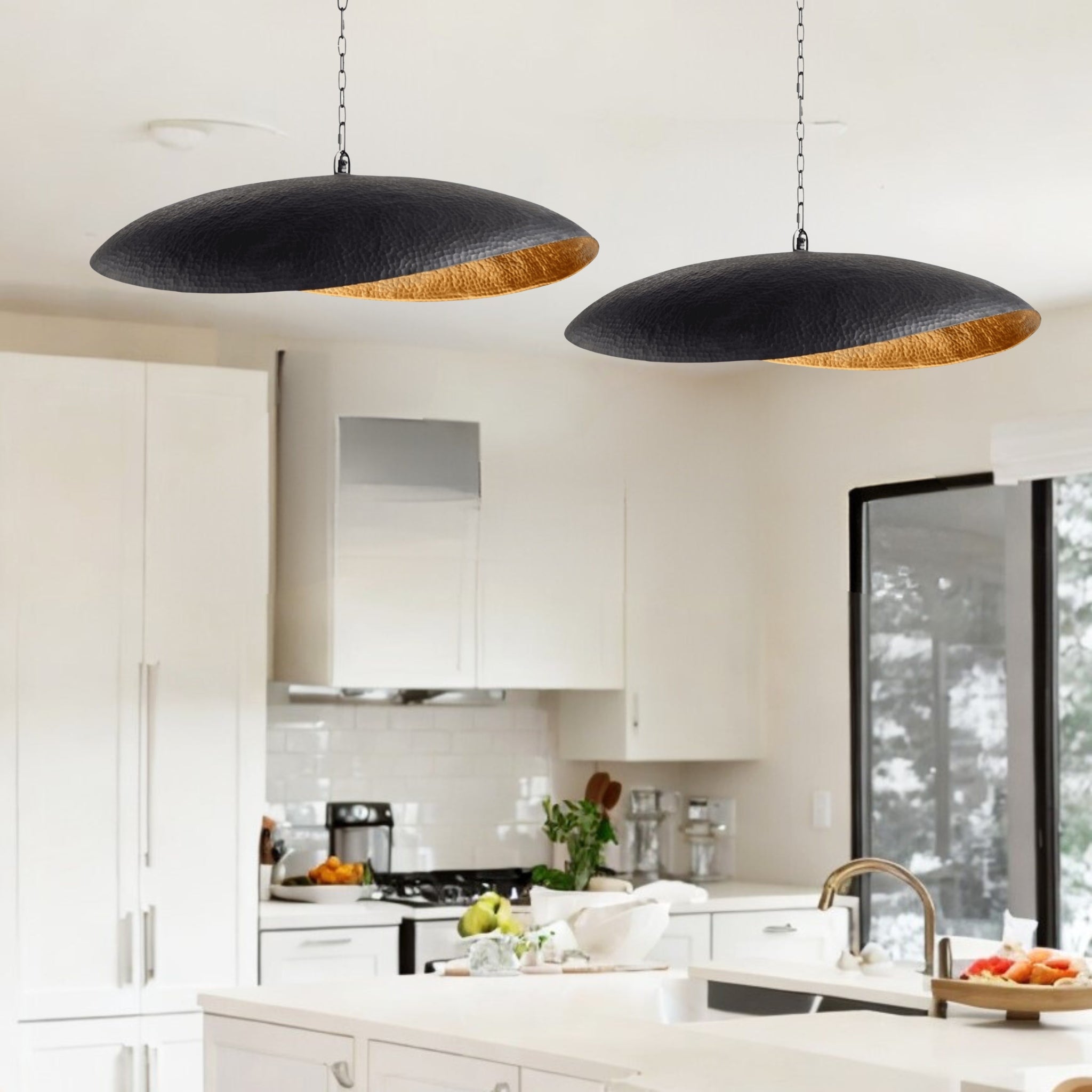 Set of 2 Black Hammered Leaf Ceiling Light, suitable for kitchen islands
