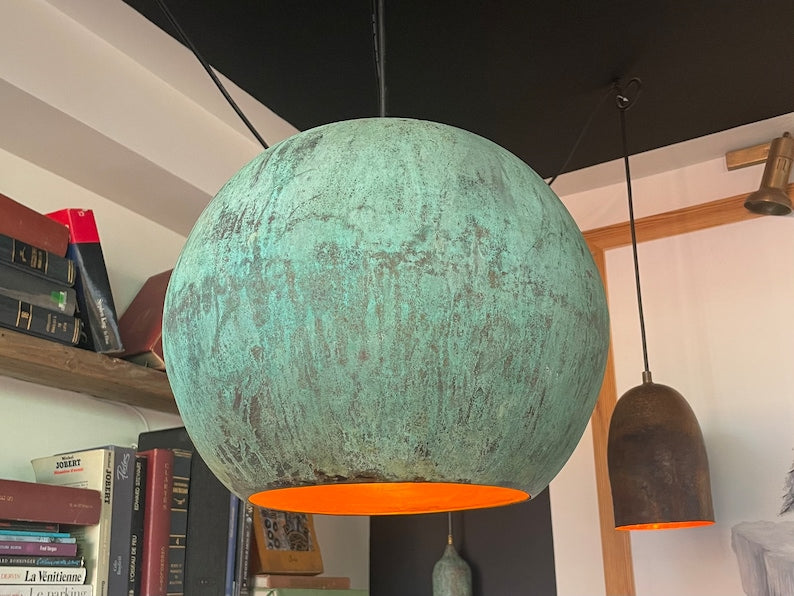 Green Patina Copper Globe Pendant Light,  Oxidized Farmhouse Kitchen Lighting,