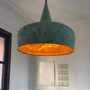 Set of 2 Green Oxidized Copper Pendant Light, Vintage-Inspired Onion Dome Design.